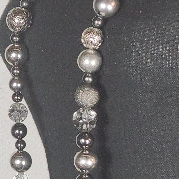 Chico's Gunmetal Filigree Crystal Ball Pewter Silver Faux Pearl 41" Necklace - Picture 7 of 16